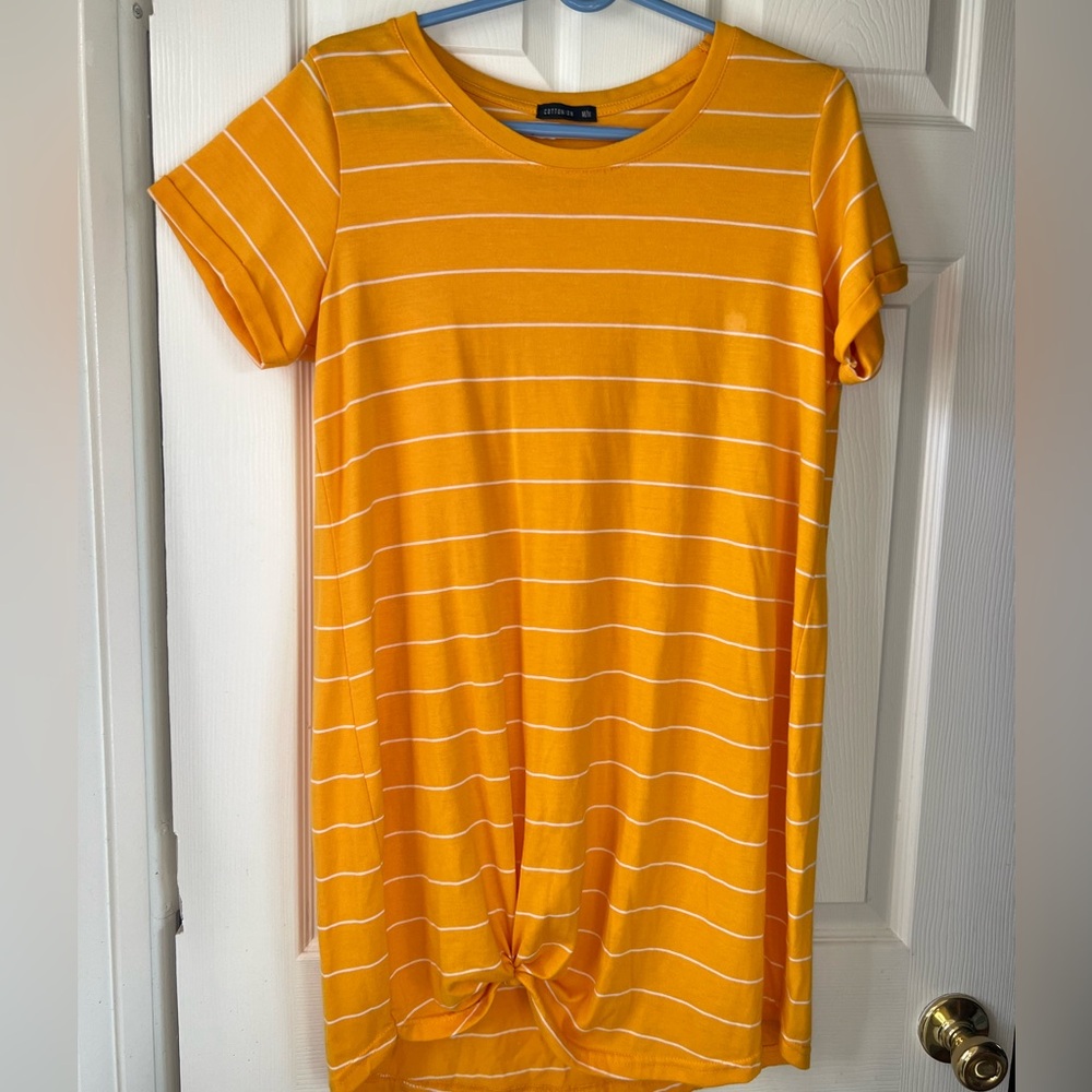 Cotton On Yellow T-Shirt Dress with White Stripes - Size M